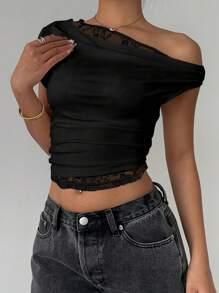 Siren Gaze Women's Asymmetrical Shoulder Splice Black Lace Short Sleeve T-Shirt Crew Neck Top, Summer Casual - Black - View 6