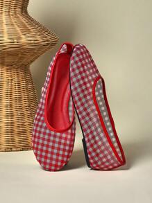 SHUZIA Bailarinas rojas básicas, cómodas y femeninas de estilo minimalista con estampado de cuadros, malla y PU para mujer - Rojo - Ver 7