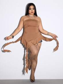 ROMWE Fairycore Plus Size Women Solid Color Fashion Casual Top, Suitable For Summer - Brown - View 7