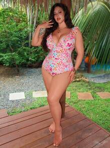 Swim Vcay Costume da bagno intero con scollo a V e schienale aperto, con motivo floreale, adatto per taglie comode, ideale per spiaggia e vacanza