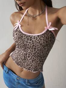 SHEIN EZwear Leopard Print Knitted Women's Cropped Slim Fit Halter Neck Top With Bow Decoration