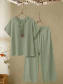 SHEIN LUNE Plus Size Chillax Mother's Day Cozy Fit Women Military Green-Color Casual Decorative Collar Summer Western Wear Women Boho Bohemian 90s Clothes Festival Modesty Clothes Women Outfits Western Wear Women Cowgirl Outfit Boho Bohemian Country Summer Boho Old Money Summer Outfits For Women Rave Outfits Festival Outfits Slouchy Casual Style Bohemian 2pcs/Set - Mint Green - View 6