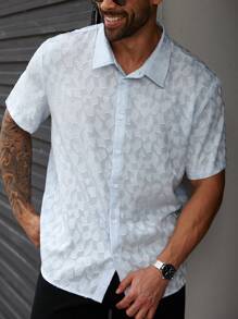 Manfinity Homme Men Plus Size Light Blue Textured Short Sleeve Button-Up Shirt, Summer Casual Vacation Solid Color Texture Fabric, Gift For Husband Boyfriend - Baby Blue - View 6