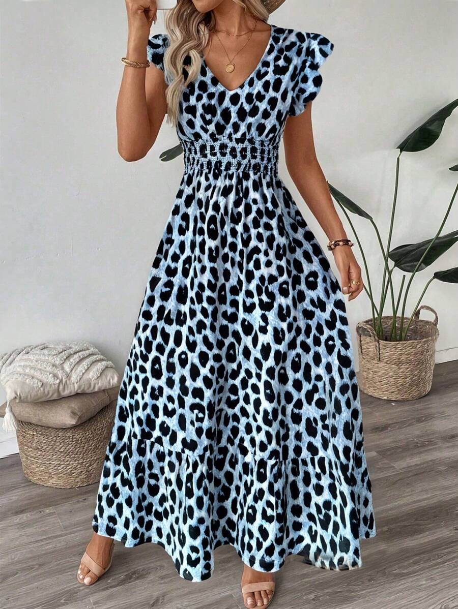 SHEIN LUNE Vestido de línea A con mangas cortas fruncidas, cintura recogida y dobladillo con volantes, estampado vintage de guepardo, uso casual/festivo elegante