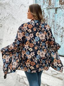 SHEIN CURVE+ Chaqueta de manga larga con estampado floral diminuto en color caqui para mujer talla grande, adecuada para primavera/otoño, curvas plus, atuendos bohemios de vacaciones de verano/campo/playa, ropa de playa - Multicolor - Ver 2