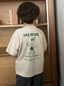 Hapijoa Kids Fall Clothes - Young Boys Printed Crew Neck Knit Short Sleeve T-Shirt, Summer - Beige - View 1