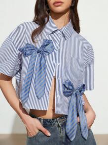GENKIRA Blue & White Striped Loose Cropped Shirt With Blue Striped Satin Faced Oversized Bow Decoration, Versatile Casual Women Top - Blue and White - View 1