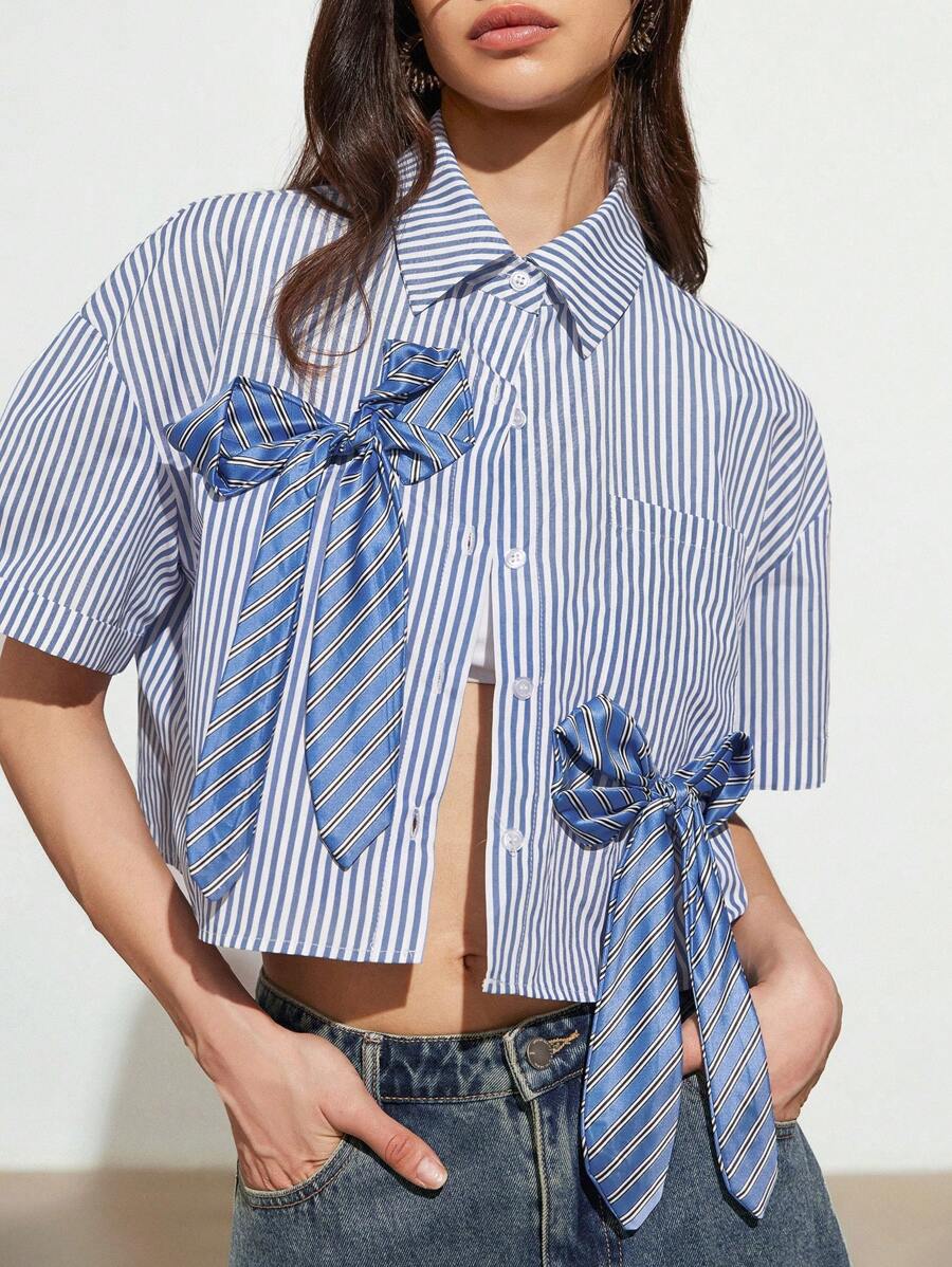 GENKIRA Blue & White Striped Loose Cropped Shirt With Blue Striped Satin Faced Oversized Bow Decoration, Versatile Casual Women Top - Blue and White - View 1