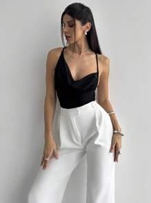 Firerie New Elegant Sexy Party Music Festival Back-To-School Vacation Date Outfit: Black Crisscross Backless Spaghetti Strap Uneven Bustier Tight-Fitting Bodysuit, Shiny Material, Spring/Summer, Concert Outfit Women