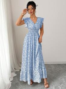 Elenzga New Fashion Shirred Woven Micro Ditsy Floral Cap Sleeve Ruffle Hem Cinched Waist Vacation Style Dress For Women