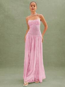 L'Amorae Vestido maxi fluido y smocked con detalles elegantes de encaje