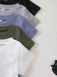 SHEIN Playful Pals 5pcs/Set Baby Boy Outfit,Textured Knit Round Neck Short Sleeve Tops & Elastic Waist Shorts,Black And White Checkered,Summer,Casual,Work Baby Clothes - Multicolor - View 4