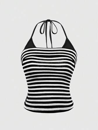 Grunge Punk Sexy Halter Striped Color Blocking Cropped Tank Top For Women, Versatile