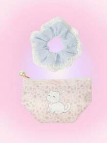 ROMWE Kawaii 2pcs/Set Cute Lace Edge Cat & Bow Pattern Mini Coin Purse Makeup Bag With Hair Tie - Multicolor - View 1