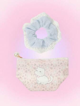 Kawaii Set de 2 monederos/bolsas de maquillaje con bordes de encaje y diseño de gato y lazo, con cinta para el cabello