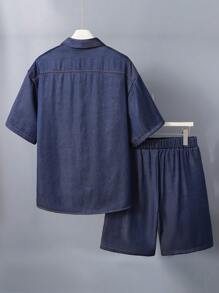 3 Pieces Men's Set: White Knit T-Shirt & Blue Shirt With Embroidered Patch & Blue Shorts, Fashionable Casual Stylish Outfit, Suitable For Spring/Summer, Overall Stylish And Fashionable Look, Great For Parties - Blue - View 2