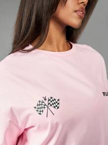 Missguided x Playboy Racing Checkerboard Oversized T-Shirt Streetwear Casual Summer Festival Graphic Print Skater Urban Y2K Fashion Comfort