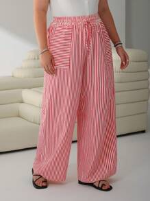 SHEIN EZwear 大码女式条纹印花系带腰口袋阔腿宽松飘逸裤，夏季，母亲节 - 彩色 - 查看 5