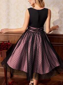 Vintamour Vestido ajustado de mujer con estilo retro-elegante con estampado de lunares, con dobladillo acampanado y tirantes de espagueti color caqui, adecuado para ocasiones como el Día de la Madre, verano, ceremonias de graduación, bodas, cumpleaños, días festivos y Día del Maestro. - Rosa vieja - Ver 2