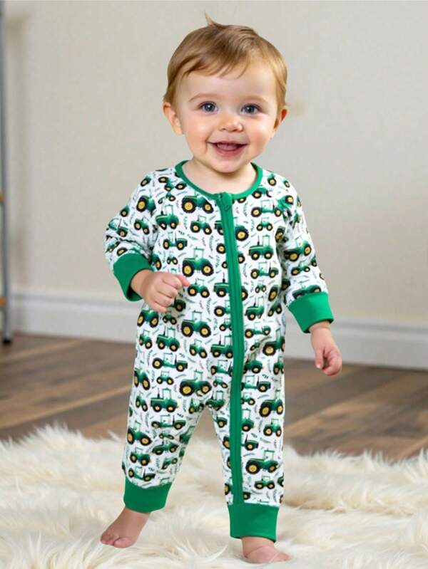 Spring Baby Boys Crawler Jumpsuit With Cute Green Tractor Print Pattern, New Fashion Zipper Design Comfortable & Stylish Romper