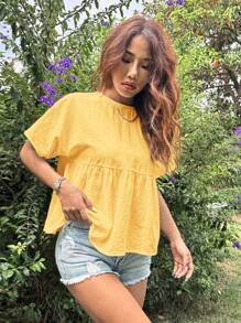 SHEIN EZwear Women's Solid Color Round Neck Batwing Short Sleeve Ruffled Hem Casual Loose Blouse Top - Yellow - View 3