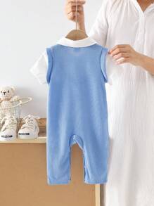 1pc Baby Boy Casual Waffle Knit Letter Embroidery 2 In 1 Contrast Color Short Sleeve Jumpsuit With Snaps, Suitable For Spring/Summer Daily Wear, Outings, Weddings, Ceremonies, Birthday & Anniversary