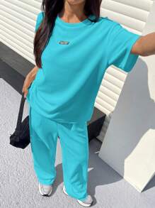 SHEIN EZwear Trang phục hai mảnh dành cho phụ nữ mặc hàng ngày - Màu xanh lam - Xem 3