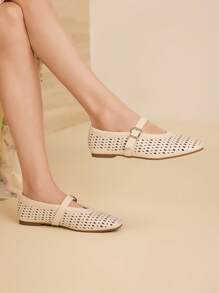 MOTF PREMIUM BAILARINAS TRANSPIRABLES CON DISEÑO POINTELLE, ESTILO RETRO DE ESTILO MARY JANES, ZAPATOS PLANOS CASUALES DE MODA Y CÓMODOS PARA MUJER - Albaricoque - Ver 2