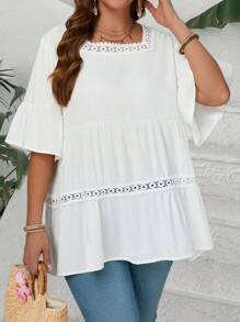 EMERY ROSE Plus Size Women Summer White Lace Patchwork Loose Fit Tunic Dressy Blouse Shirt, Summer Holiday,Vacation Outfits Women,Simple And Fashionable For Everyday Wear,Gifts For Mother,Vacay Vibes,Springbreak,Casual Wear SS,Bohemia - White - View 4