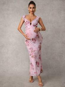 MaterniChic Pregnant Women's Full Print Sweetheart Neck Bodycon Elegant Dress Floral Mermaid Ruffle Classy Outfits For Baby Shower Wedding Guest Dress  Birthday Dresses For Maternity Pink Maternity Dress - Pink - View 9