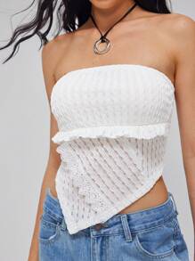 Roylia Fashionable & Sexy Bandeau Patchwork Lace Asymmetric Hem Women Crop Top - Apricot - View 6