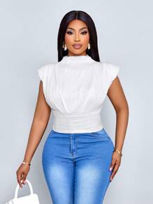 SOLERSUN 大码女式时尚优雅白色纯色立领褶皱背心外出上衣夏季 - 白色 - 查看 5