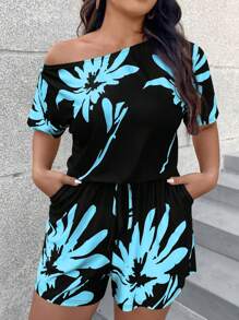EMERY ROSE Mono fashionable con cuello asimétrico para mujer talla grande, adecuado para el verano - Azul - Ver 6