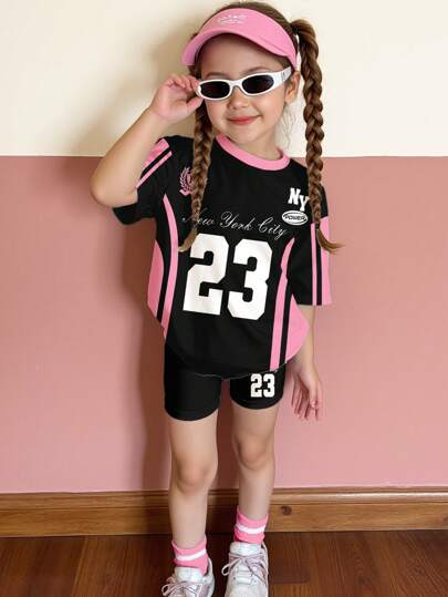 SHEIN Leap Crew Young Girl's Casual Loose "New York" No.23 Striped Jersey Print Short Sleeve T-Shirt And Shorts 2-Piece Set, Suitable For Summer