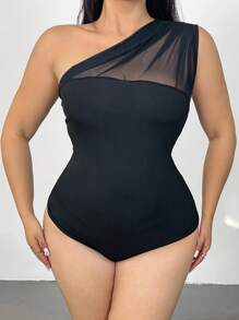 POPSWAY Plus Size Solid Color Asymmetric Collar Mesh Patchwork Sleeveless Top