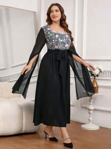 Modelyn Vestido de talla grande con cuello cuadrado, bordado con cuentas y cintura recogida - Rojo violeta - Ver 7