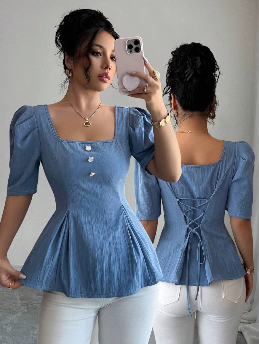 Chiquease 优雅复古泡泡袖收腰方领修身衬衫，春夏 - 藍色 - 查看 1