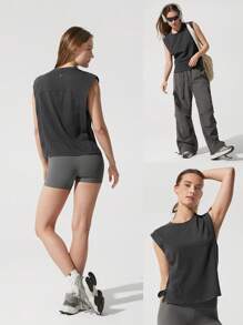 GLOWMODE Washed Pima Cotton Effortless Wide Shoulder Deep Two Layer Armhole Side Slits Muscle Tank Top Gym Training Daily Casual Wear
