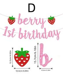 SHEIN 1 件草莓生日派对旗帜展示，生日快乐草莓闪光旗帜展示，生日派对，生日礼物，派对和聚会装饰，室内和室外布置 - 彩色 - 查看 3