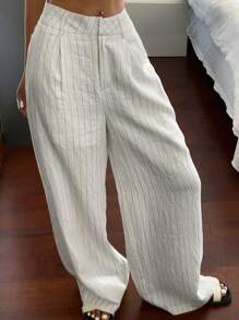 DAZY Women's Casual Loose Straight Leg Striped Patchwork Pants Linen Fall - White - View 4