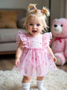 SHEIN Mother's Day "I Love Mom" Party Outfit, Baby Girls' Sweet Heart Mesh Letter Print Pink Bodysuit With Matching Headband, Suitable For Holidays & Outings - Pink - View 7