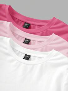 SHEIN EZwear 3pcs/Set Women's Crew Neck Casual Slim Fit Long Sleeve T-Shirt Sets In Deep Pink, Light Pink, White, Suitable For Spring/Summer Autumn And Winter - Multicolor - View 5