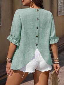 SHEIN LUNE Plus Size Women Tie Sleeve Shirt With Decorative Buttons Women Summer Clothing Summer Clothes Women Clothes Tops For Women Elegant Women Summer Shirts Women Plus Clothing Formal Women Plus Clothing Business Casual Tops For Women Women Blouses - Cadet Blue - View 6