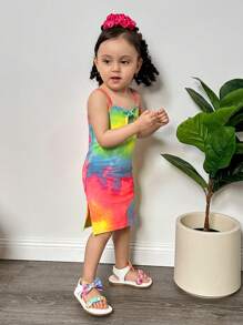 SHEIN Babygirl 可爱扎染弹力针织细肩带连衣裙，夏季