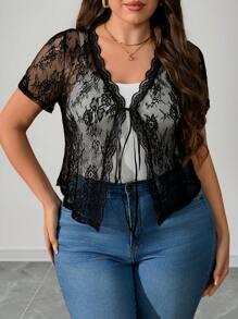 Elenzga Plus Size Women's Vintage Black Lace Top,Front Ruched Tie Crop Tee,Elegant Summer Wedding Guest,Casual Party Music Festival Vacation - Black - View 3