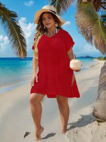 SHEIN Swim Curve 大码女式时尚套头针织罩衫 - 紅色 - 查看 5