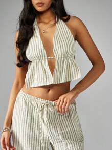 MISSGUIDED Stripe Halter Neck Waist Detail Top And Wide Leg Pants Two Piece Co Ord Set