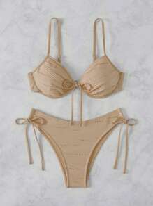 Swim Mod 女士纯色细肩带三角泳裤泳衣 - 卡其色 - 查看 6