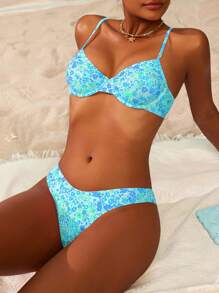 Swim Mod Women's Ditsy Floral Sweet Romantic Swimsuit Set, Spring For Summer Beach Vacation - Baby Blue - View 1