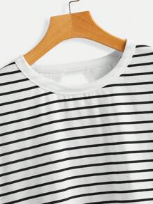 SHEIN Essnce 女士条纹短袖圆领露背T恤，夏季时尚 - 黑與白 - 查看 3